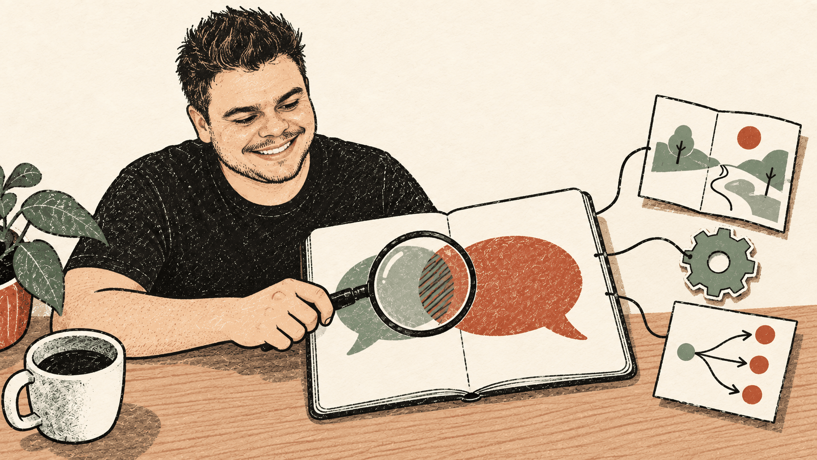 Raphael ilustrado examina com lupa uma conversa em um caderno ligado ao contexto, às ferramentas e à execução
