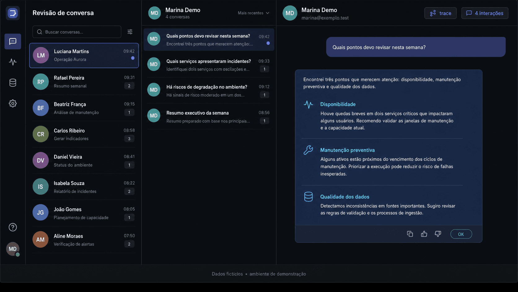 Interface fictícia de revisão de conversa com pergunta, resposta e trace correlacionado