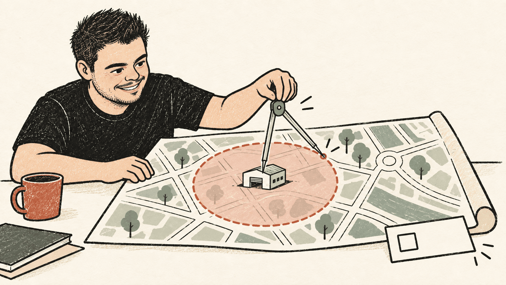 Raphael ilustrado ajusta com um compasso o raio de uma geofence ao redor de um centro de distribuição