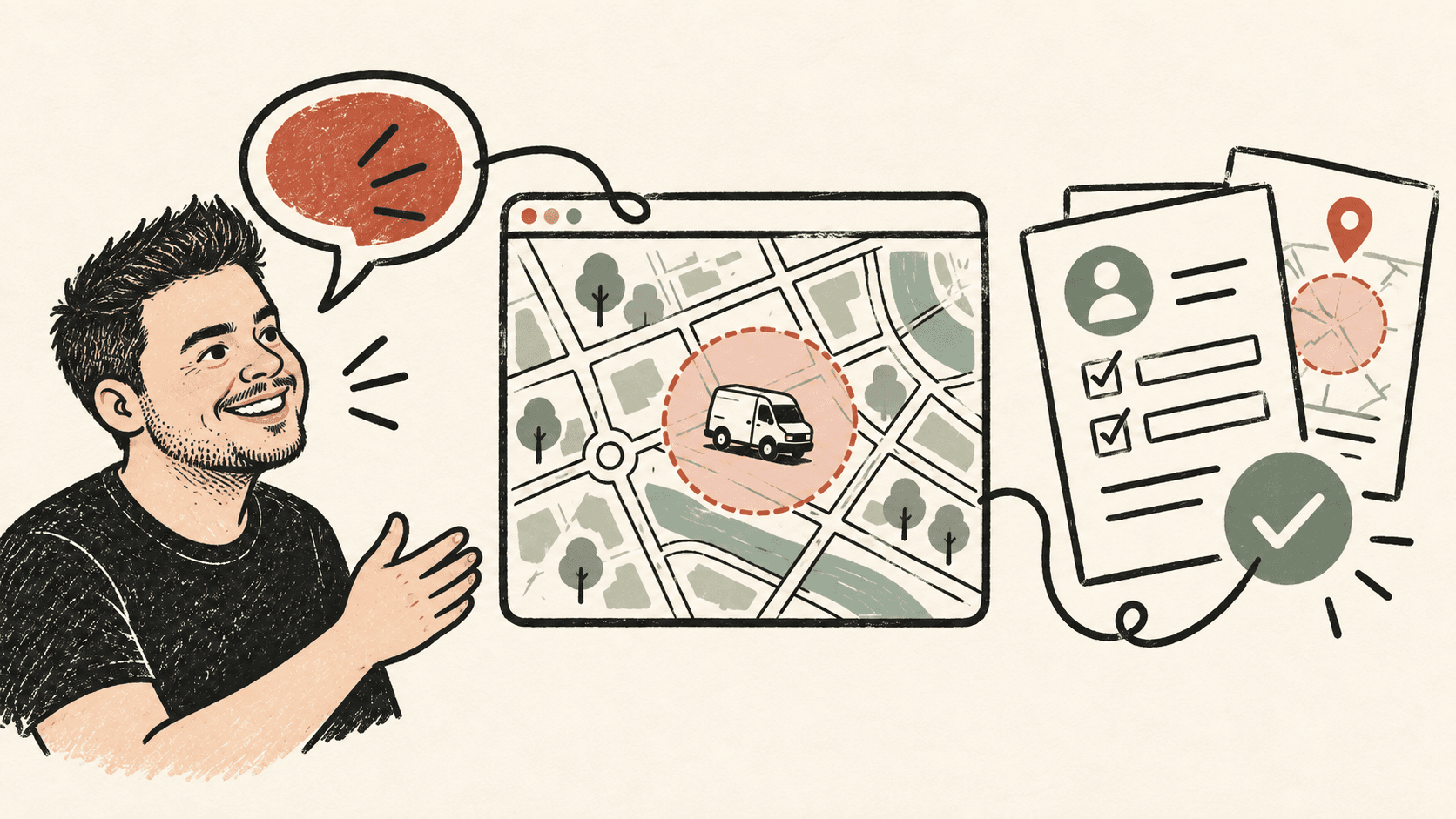Raphael ilustrado conecta sua conversa a um mapa com veículo e geofence e a formulários preenchidos