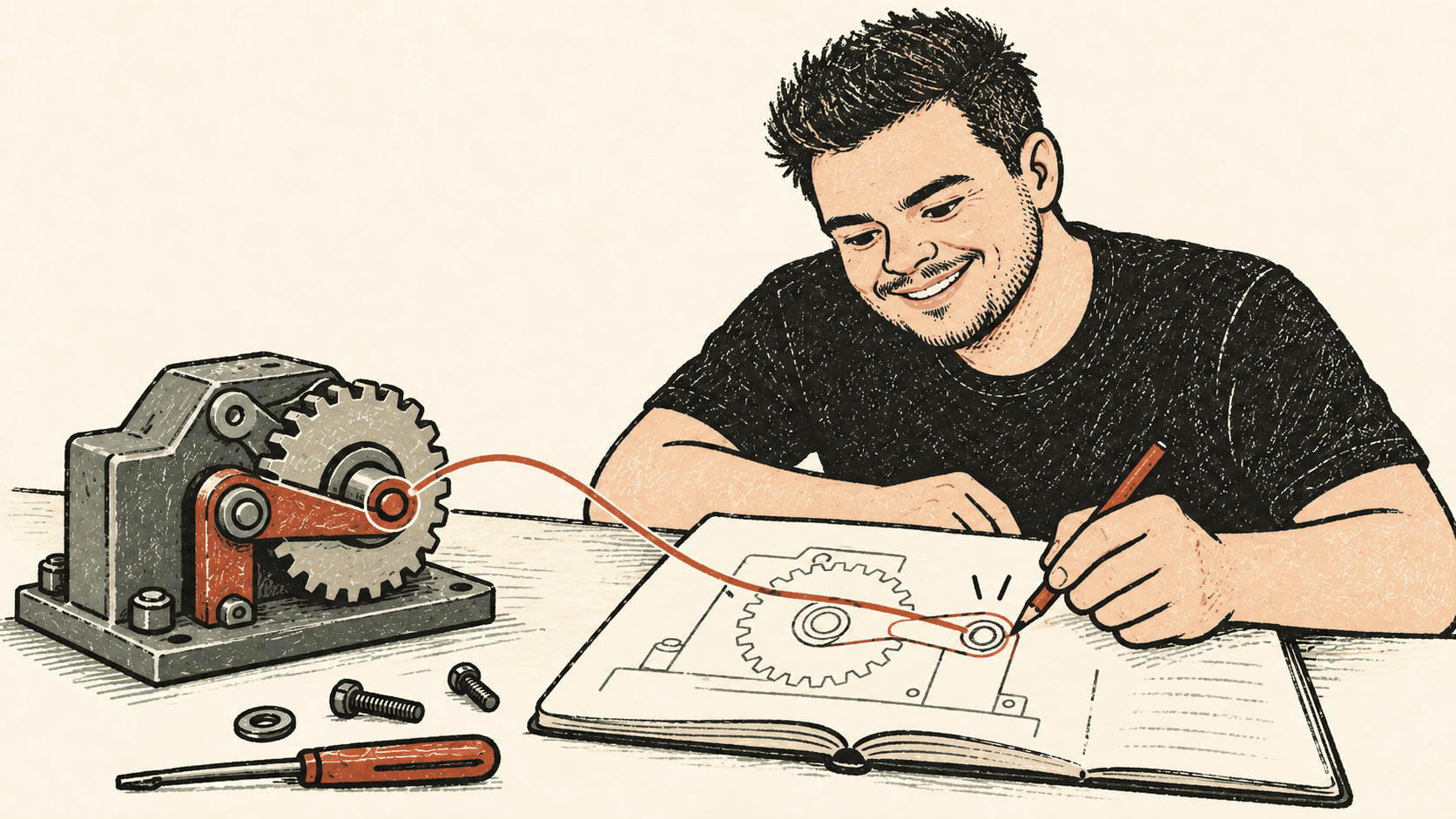 Raphael ilustrado atualiza um desenho no caderno comparando-o ao mecanismo real