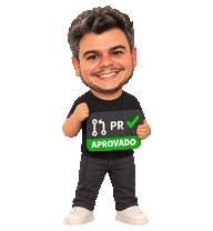Mini Rafa de corpo inteiro segurando cartão de PR aprovado com check verde