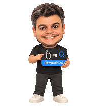 Mini Rafa de corpo inteiro com cartão de PR revisando e lupa azul